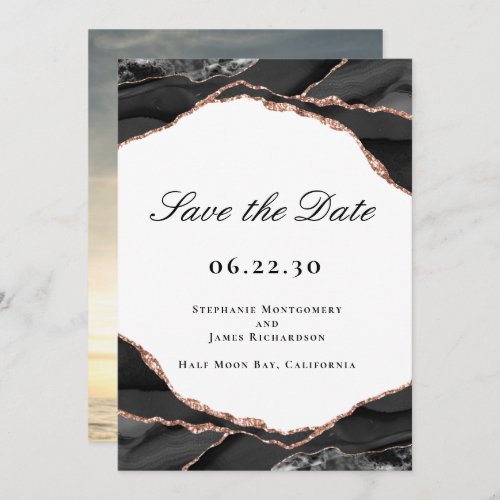 Agate Black White Rose Gold Foil Wedding Photo Save The Date