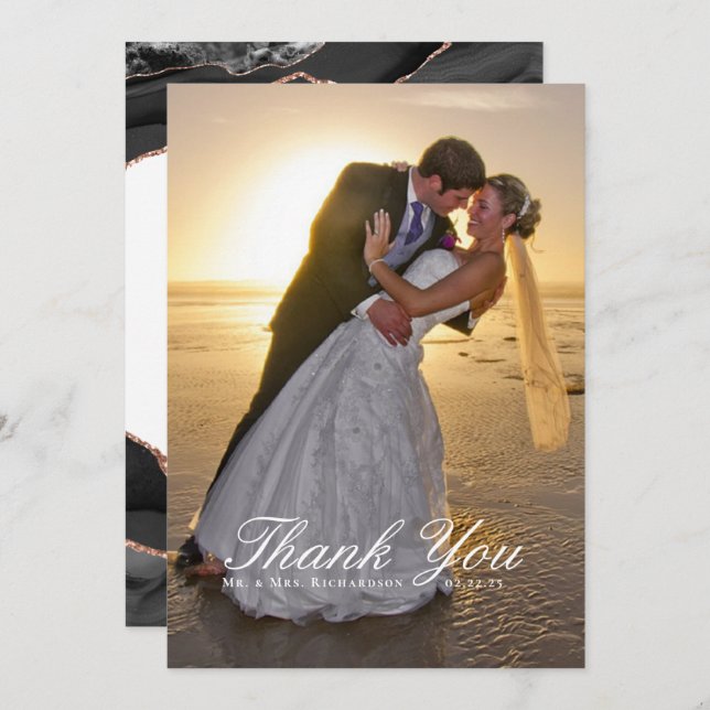 Agate Black White Rose Gold Foil Wedding Photo Thank You Card (Front/Back)