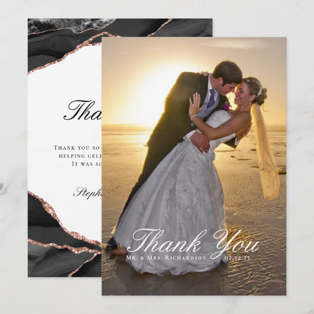 Agate Black White Rose Gold Foil Wedding Photo Thank You Card | Zazzle