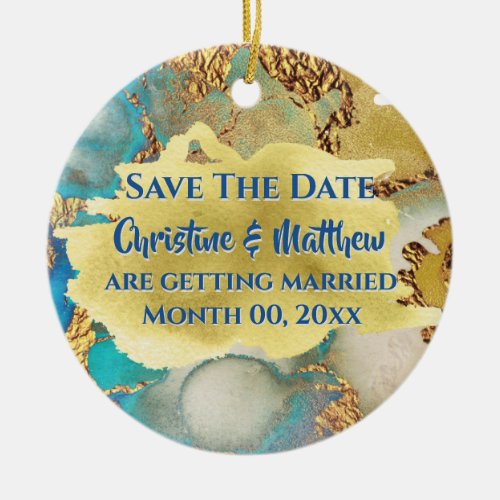 Agate blue faux gold crystal watercolor photo ceramic ornament