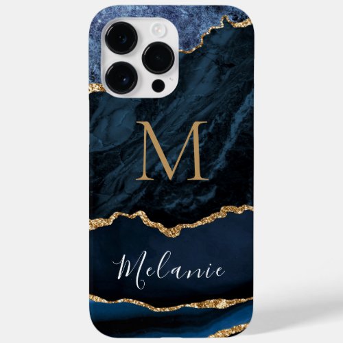 Agate Blue Gold Glitter Marble Custom Name Letter Case_Mate iPhone 14 Pro Max Case