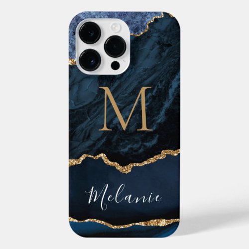 Agate Blue Gold Glitter Marble Your Name Letter iPhone 14 Pro Max Case