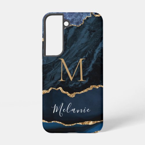 Agate Blue Gold Glitter Marble Your Name Letter Samsung Galaxy S22 Case