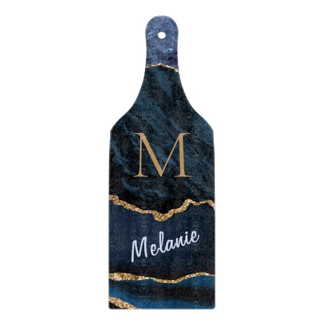 Agate Blue Gold Marble Monogram Name Cutting Board (Front)