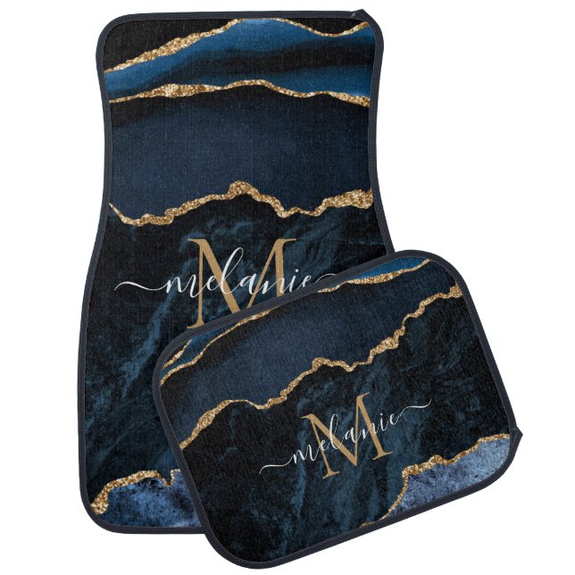 Agate Blue Gold Marble Name Letter Car Floor Mat (Set)