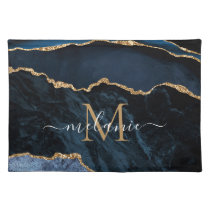 Agate Blue Gold Marble Name Letter Cloth Placemat