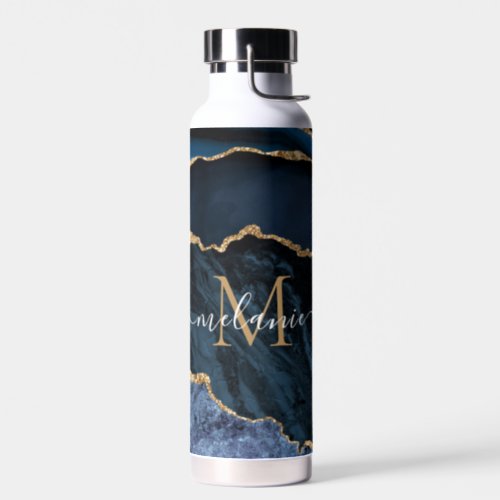 Agate Blue Gold Marble Name Letter Water Bottle