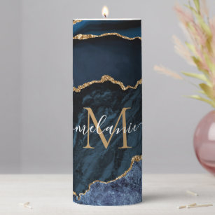 Agate Blue Gold Marble Name Monogram Pillar Candle