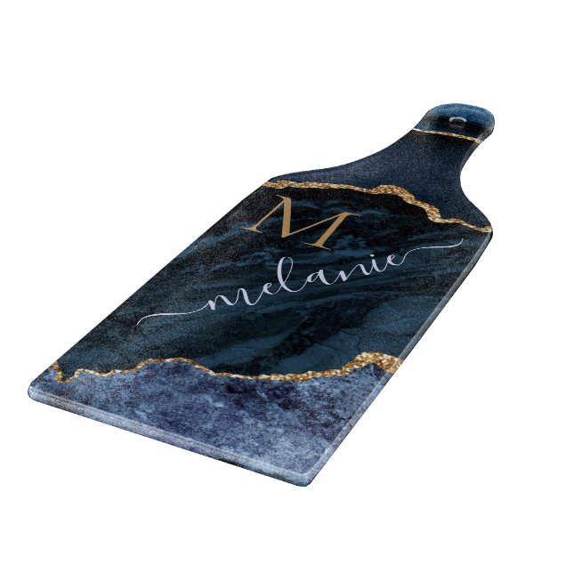 Agate Blue Gold Marble Personalized Cutting Board (Corner)