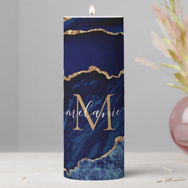 Agate Blue Gold Marble Your Name Letter Candle (In Situ)