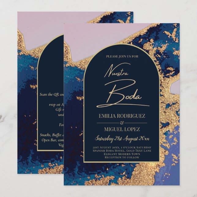 Agate Blue Gold Nuestra Boda Spanish Wedding LeahG Invitation (Front/Back)
