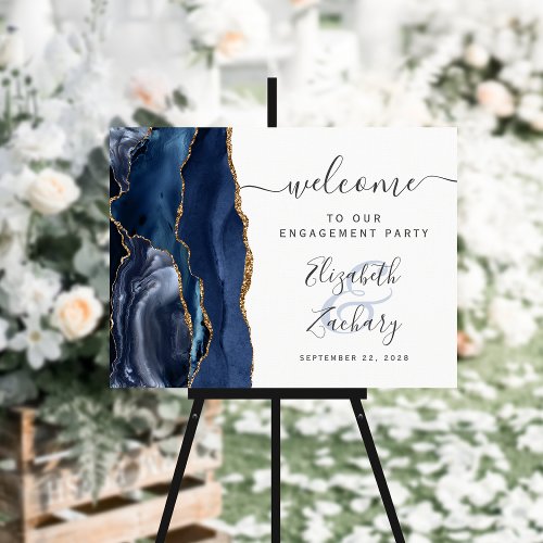 Agate Blue Gold Script Engagement Party Welcome Foam Board