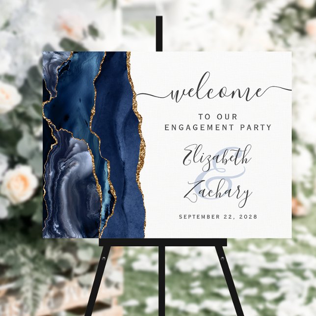 Agate Blue Gold Script Engagement Party Welcome Foam Board (Creator Uploaded)