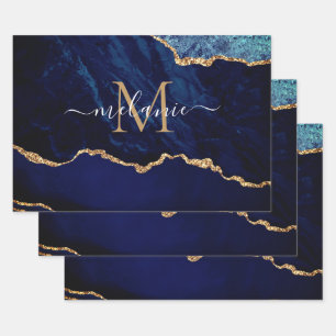 Agate Blue Gold Your Name Letter Wrapping Paper