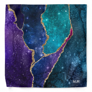 Agate Blue Purple Aqua Gold Veins Monogram Bandana
