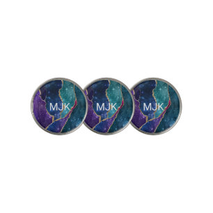Agate Blue Purple Aqua Gold Veins Monogram Golf Ball Marker