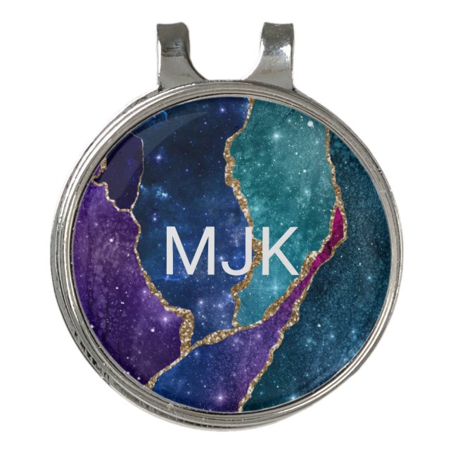Agate Blue Purple Aqua Gold Veins Monogram Golf Hat Clip (Front)
