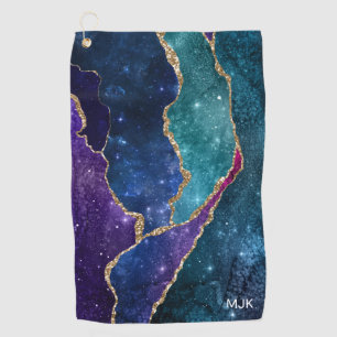 Agate Blue Purple Aqua Gold Veins Monogram Golf Towel