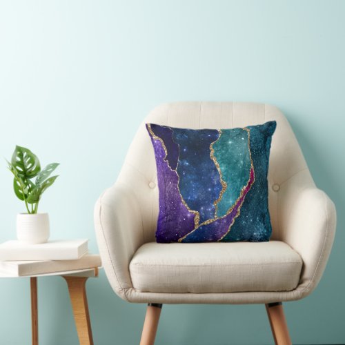 Agate Blue Purple Aqua Gold Veins Throw Pillow