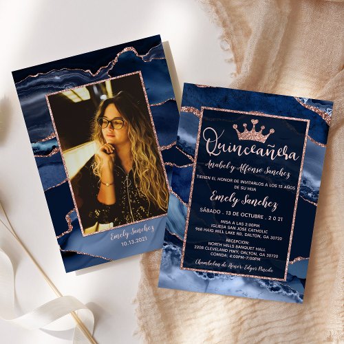 Agate Blue Rose Gold Quinceaera Photo Spanish Invitation