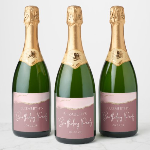 Agate Blush Gold Dusty Rose Birthday Party Sparkling Wine Label