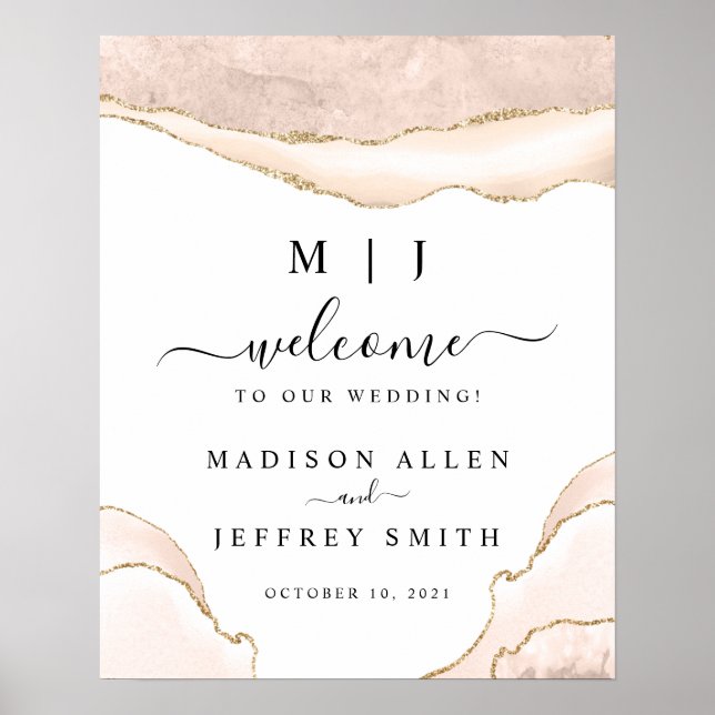 Agate Blush & Gold Glitter Wedding Welcome Sign (Front)