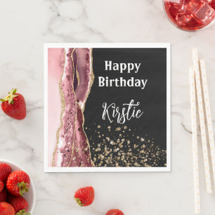 Agate Blush Pink Black Rose Gold Glitter Birthday Napkins