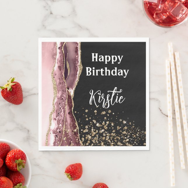 Agate Blush Pink Black Rose Gold Glitter Birthday Napkins (Insitu)