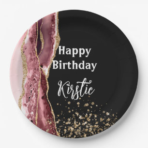 Agate Blush Pink Black Rose Gold Glitter Birthday Paper Plates
