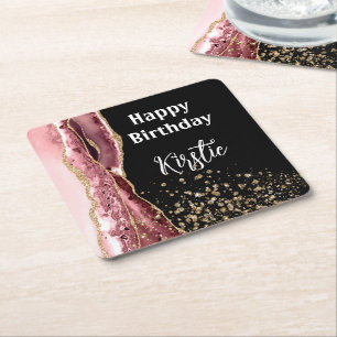 Agate Blush Pink Black Rose Gold Glitter Birthday Square Paper Coaster