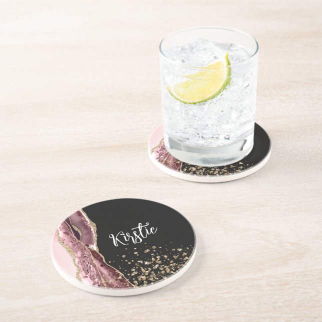Agate Blush Pink Black Rose Gold Glitter Coaster (Side)