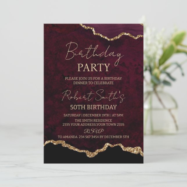 Agate Burgundy and Gold Birthday Celebrate Invitation (Standing Front)