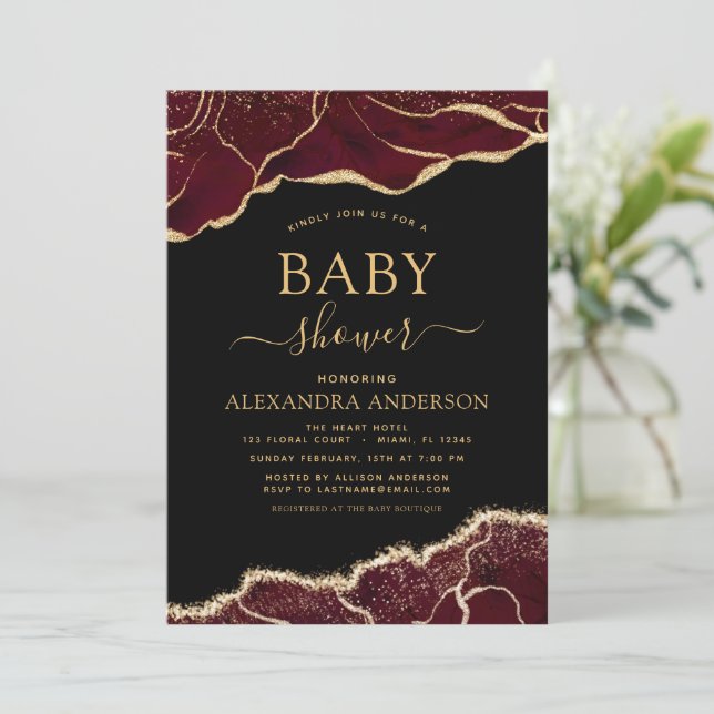 Agate Burgundy Baby Shower Gold Invitation (Standing Front)