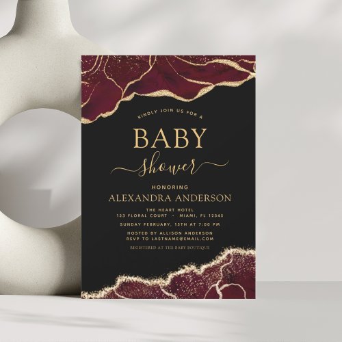 Agate Burgundy Baby Shower Gold Invitation