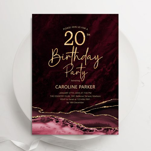 Agate Burgundy Gold 20th Birthday Invitation
