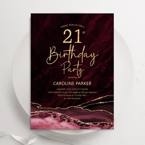 Agate Burgundy Gold 21st Birthday Invitation