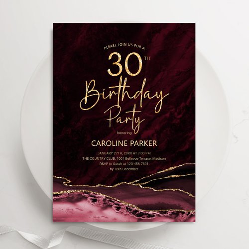 Agate Burgundy Gold 30th Birthday Invitation