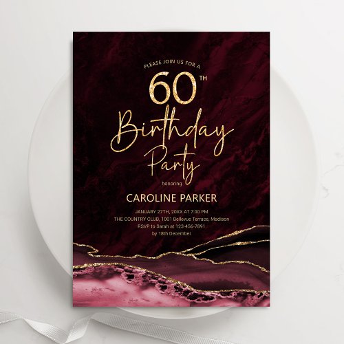 Agate Burgundy Gold 60th Birthday Invitation