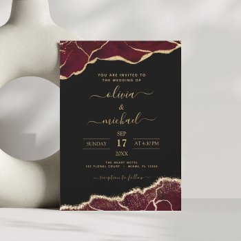 Agate Burgundy Gold Black Modern Wedding Invitation by Hot_Foil_Creations at Zazzle