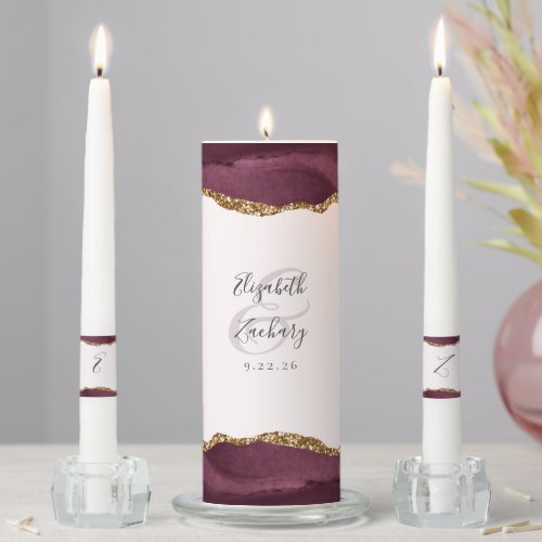 Agate Burgundy Gold Blush Script Wedding Unity Candle Set