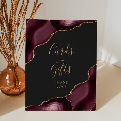 Agate Burgundy Gold Dark Wedding Cards and Gifts Pedestal Sign