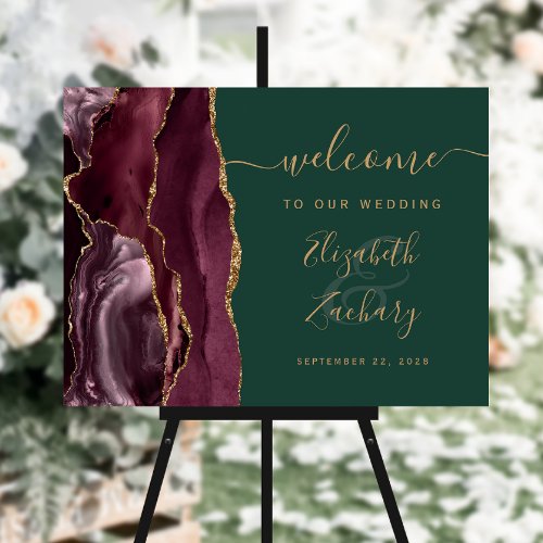 Agate Burgundy Gold Green Wedding Welcome Sign