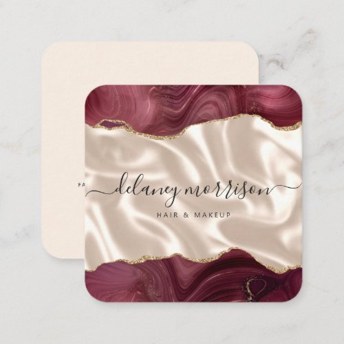 Agate Burgundy Gold Ivory Silk Rounded Corners Square Business Card
