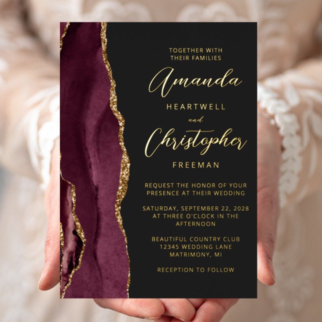 Agate Burgundy Gold Script Dark Wedding Foil Invitation (Creator Uploaded)