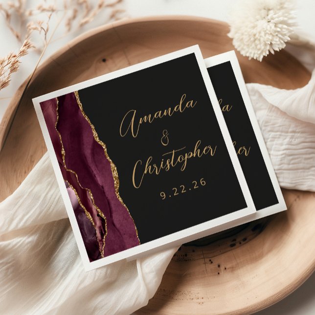 Agate Burgundy Gold Script Dark Wedding Napkins (Creator Uploaded)