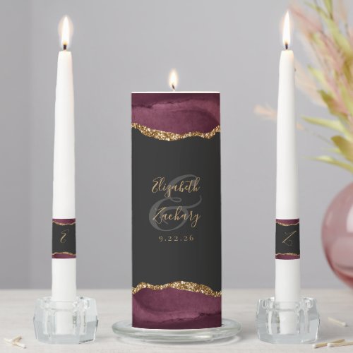 Agate Burgundy Gold Script Dark Wedding Unity Candle Set