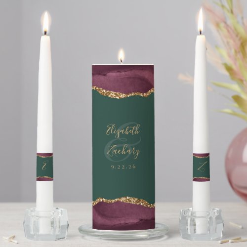 Agate Burgundy Gold Script Green Wedding Unity Candle Set