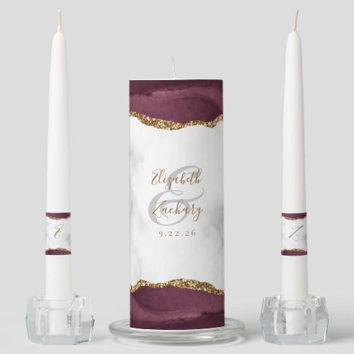 Agate Burgundy Gold Script Marble Wedding Unity Candle Set