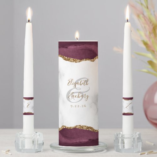 Agate Burgundy Gold Script Marble Wedding Unity Candle Set