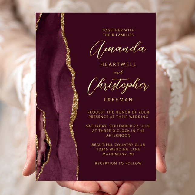 Agate Burgundy Gold Script Wedding Foil Invitation (Creator Uploaded)